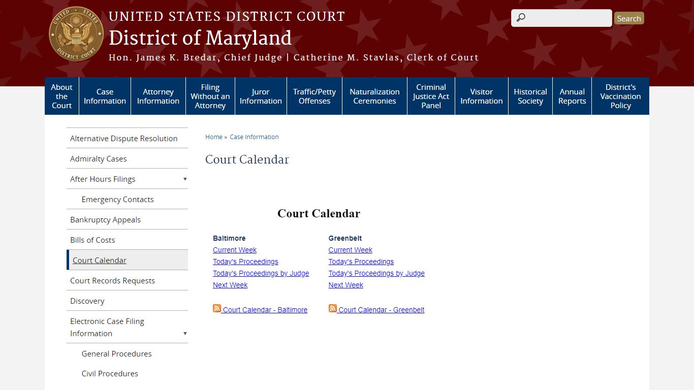 Court Calendar | District of Maryland - United States Courts